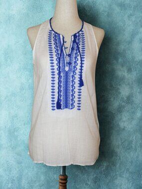 Ralph Lauren White Cotton Blue Embroidered Boho Tunic Tank Top Size Small